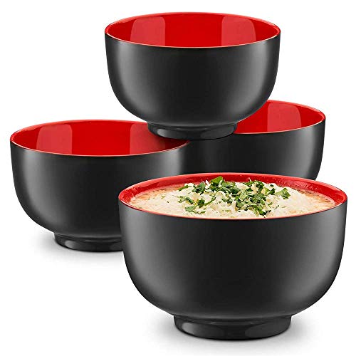 HAOQI Juego de Cuencos de Ramen de 4 Piezas, Cuencos de Sopa de melamina para Ramen, Pho, Fideos, Platos asiáticos, Apto para lavavajillas, Negro y Rojo, lo Mejor para los Amantes de los Fideos