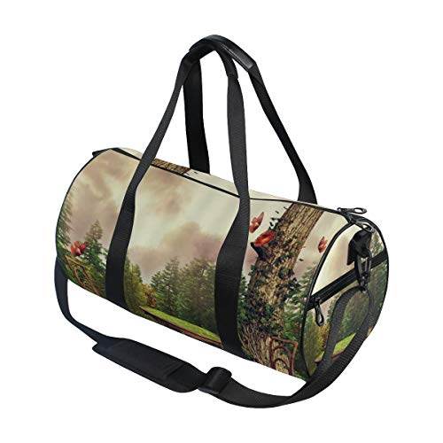 HARXISE Forest Woods Tree Green Meadow Silla de madera Mesa Red Butterfly，Bolsa de equipaje de viaje Deporte Lienzo ligero Equipaje de fitness Bolso de tambor Desmontable