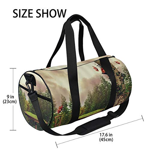 HARXISE Forest Woods Tree Green Meadow Silla de madera Mesa Red Butterfly，Bolsa de equipaje de viaje Deporte Lienzo ligero Equipaje de fitness Bolso de tambor Desmontable