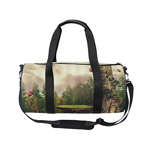 HARXISE Forest Woods Tree Green Meadow Silla de madera Mesa Red Butterfly，Bolsa de equipaje de viaje Deporte Lienzo ligero Equipaje de fitness Bolso de tambor Desmontable