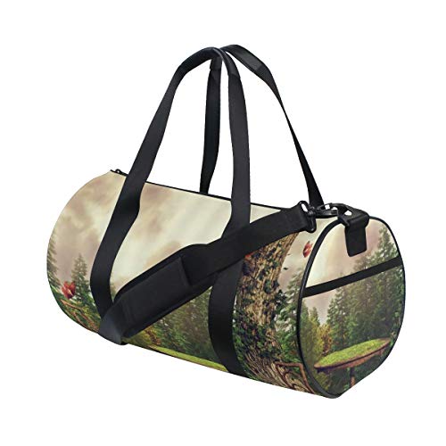 HARXISE Forest Woods Tree Green Meadow Silla de madera Mesa Red Butterfly，Bolsa de equipaje de viaje Deporte Lienzo ligero Equipaje de fitness Bolso de tambor Desmontable