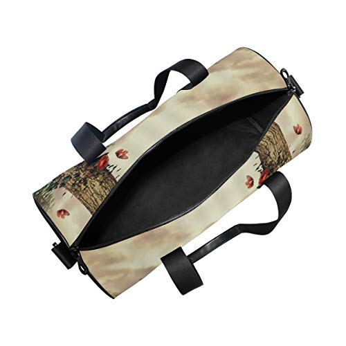 HARXISE Forest Woods Tree Green Meadow Silla de madera Mesa Red Butterfly，Bolsa de equipaje de viaje Deporte Lienzo ligero Equipaje de fitness Bolso de tambor Desmontable