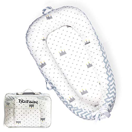 SONARIN Nido para Bebe Recién Nacido,Reductor de Cuna Nidos,Doble  cara,Transpirable,100% Algodón hipoalergénico,con Almohada,Portátil(Carro  Azul)