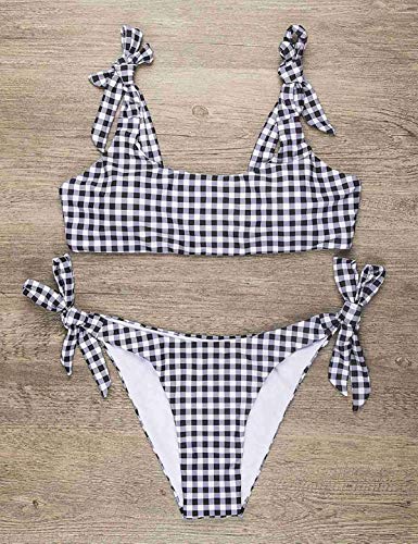 heekpek Bikinis Negros de Talle Alto para Mujeres, 2 Piezas, Conjunto Anudado Tanga Traje de baño Favorecedor Traje de baño Sexy (tartán, L)