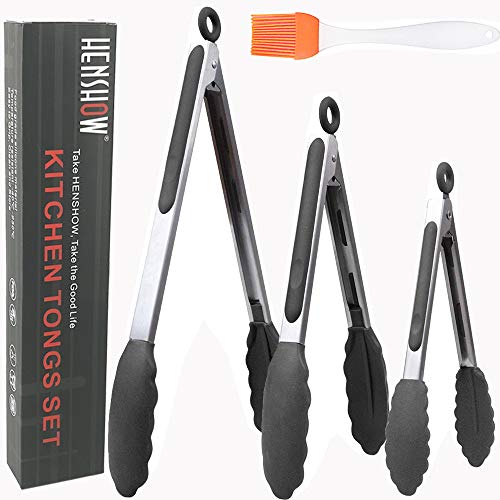 HENSHOW Pinzas de Cocina Juego de 3, 7", 9"y 12" Prima Acero Inoxidable de Pinzas de Cocina de, Mango Antiadherente y Resistente al Calor, Pinzas de Silicona para Barbacoa, Buffet, Ensalada