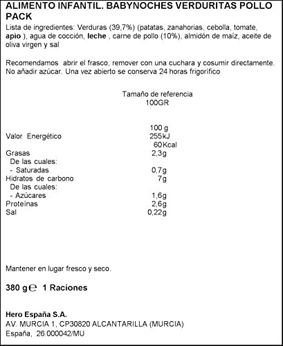 Hero Baby Buenas Noches Pollo con Verduritas Tarrito de Puré Para Bebés a partir de 6 meses Pack de 6 u de 2 x 190 g