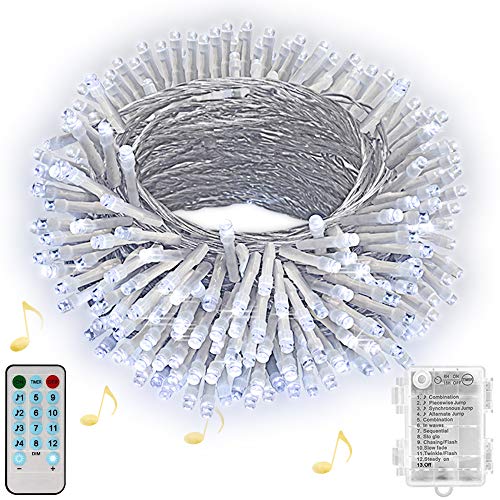 Hezbjiti Luces de cuerda de batería, 100 luces de cadena de hadas activadas por sonido de, con remoto, temporizador, luces a batería a prueba de agua Sincronización con música para fiestas, blanco