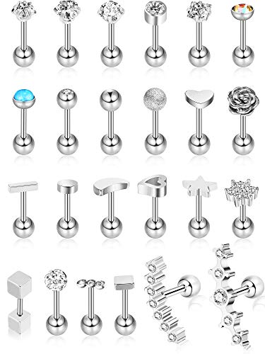 Hicarer 24 Piezas 16G Pendientes de botón de Acero Inoxidable Pendiente de Oreja de joyería Conjunto de aretes de cartílago para Mujeres niñas Favors