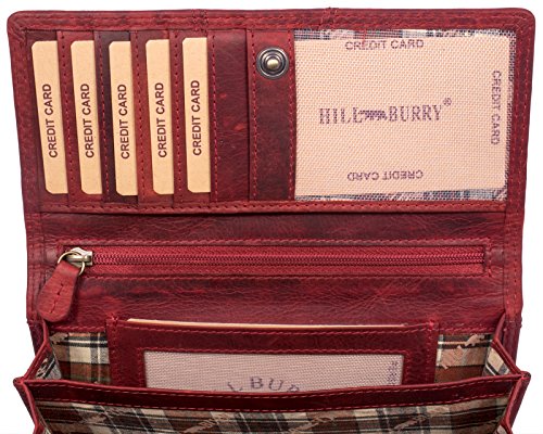 Hill Burry Cartera de Cuero para Mujer | Billetera - Monedero de Cuero Genuino con Aspecto Vintage | Mujeres - Hombre | XXL Largo Grande Capacidad (Rojo)