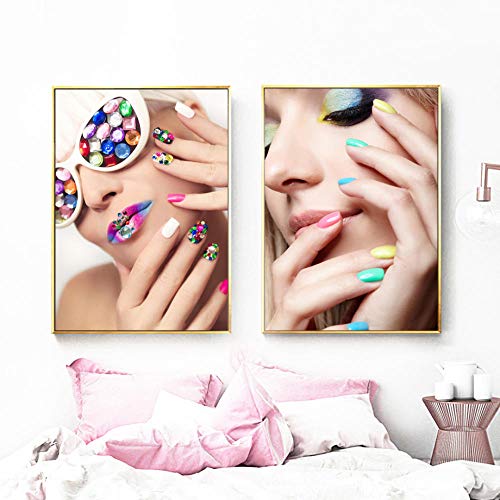 HNZK UñAs Polaco Ojo Sombra Moda Chica Lienzo Pared Arte Pinturas Moderno Poster Impresiones Pared Cuadros CosméTica Belleza Tienda Hogar Decoracion 40x60cmx2 / Sin Marco