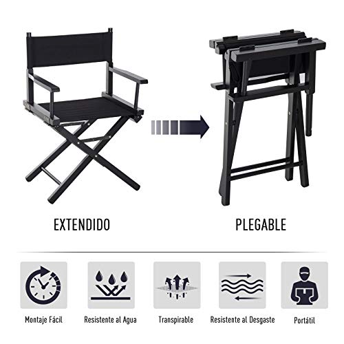 HOMCOM Silla de Director Plegable de Madera Silla de Maquillaje Artista Profesional para Cine Escena Jardín Playa 54x40x83cm Carga 120kg