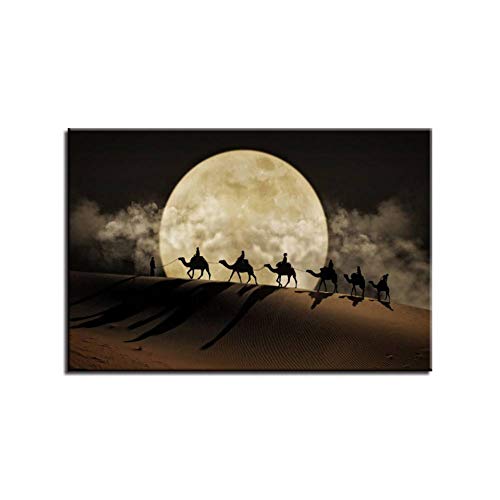 HOMEHX Aceite de Lona Paintingcanvas Posters Wall Art 1 Piece Camel Team Paintings HD Prints Full Moon In Desert Landscape Pictures Home Decor