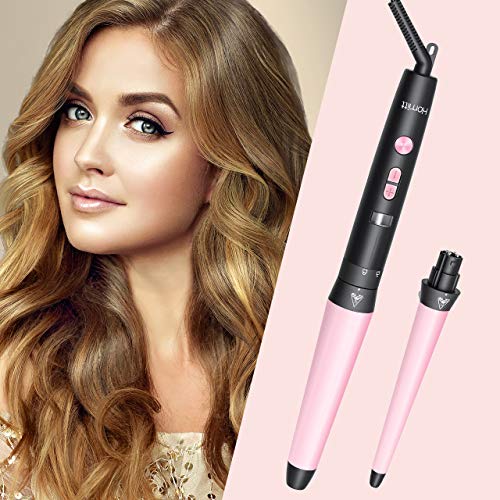 Homitt Rizador de Pelo Profesional 2 en 1 set con Conos Temperatura Ajustable Cerámicas de Turmalinas Intercambiables, 13-25mm 25-38mm Planchas rizadoras no Dañar el Pelo, con Guante (ROSA)