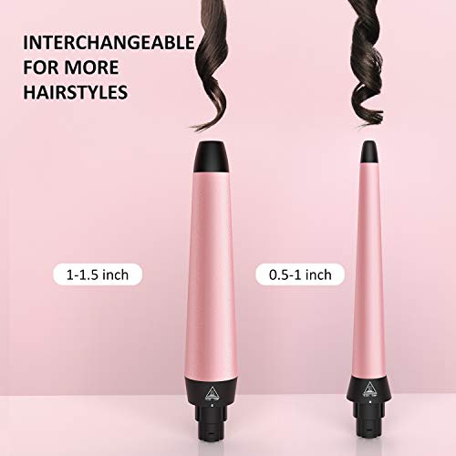 Homitt Rizador de Pelo Profesional 2 en 1 set con Conos Temperatura Ajustable Cerámicas de Turmalinas Intercambiables, 13-25mm 25-38mm Planchas rizadoras no Dañar el Pelo, con Guante (ROSA)