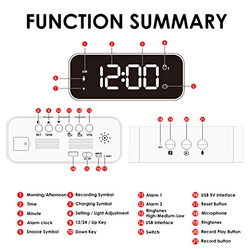 HOMVILLA Reloj Despertador Digital con Pantalla LED Grande, Alarma de Espejo Portátil, Sonido Grabar, Alarma Dual, Despertadores Electrónico con 9 Sonidos de Alarma, 12/24 Horas, 3 Brillo, Snooze