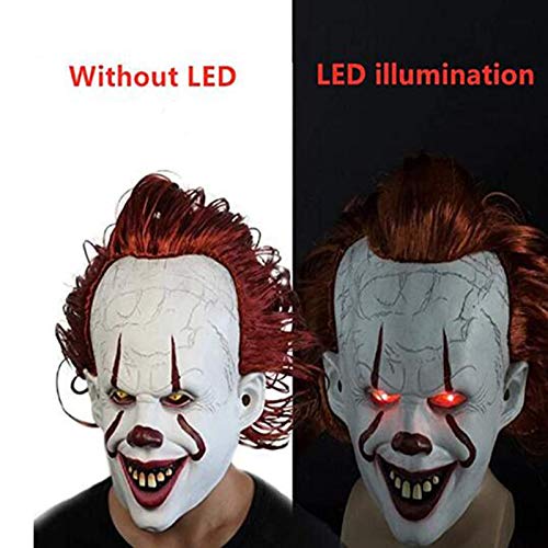 HUA JIE Máscara Led De Halloween, Látex Payaso con Peluca, Adecuada para Vacaciones, Navidad, Carnaval, Fiesta, Mascarada, Cosplay, Juguetes Decorativos Brillantes