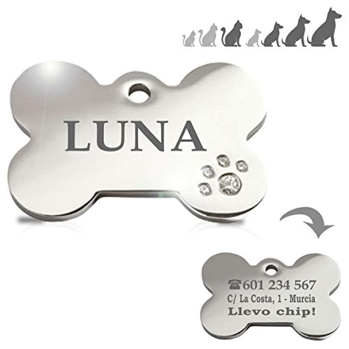 Iberiagifts - Hueso Acero Deluxe con brillantitos en Forma de Pata Placa Chapa Medalla de identificación Personalizada para Collar Perro Gato Mascota grabada