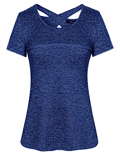 iClosam Camiseta para Mujer Yoga Deportiva Colores Lisos Fitness Transpirable Sueltos Gimnasio Ropa Algodon De Mujers (Azul Real 1, L)