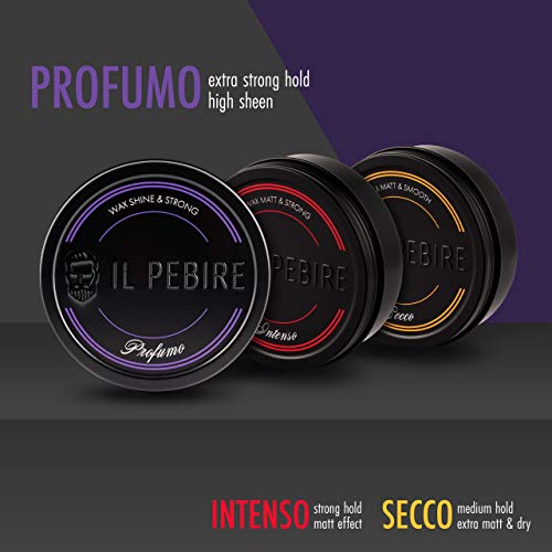 IL PEBIRE® PROFUMO - pomada a base de agua. Fijación extra fuerte. Efecto de alto brillo para un acabado brillante. Cera para cabello brillante para cabello corto a largo. Refinado con perfume real.