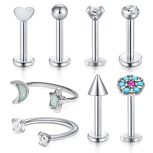 Incaton 16 Gauge Cartílago Pendientes Tragus Acero Inoxidable Labret Monroe Medusa Anillos de Labios Rook Daith Helix Arete Barbell Joyería Piercing 8mm Plata