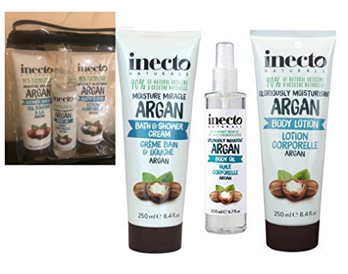 Inecto Naturals Argán cuidado del cuerpo Set de regalo loción corporal 250 ml, baño y ducha crema 250 ml & Cuerpo Aceite 200 ml – 90% Natural & No Probado en Animales. Vegan friendly.