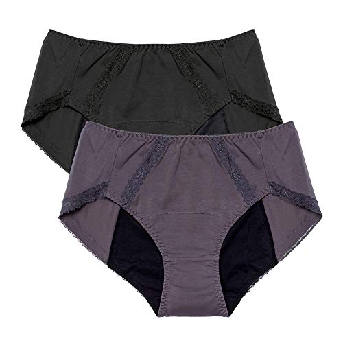 Intimate Portal Mujer Bragas Menstruales de Algodón Braguitas para Mentruación Periodo Regla Pack de 2 Negro Gris L