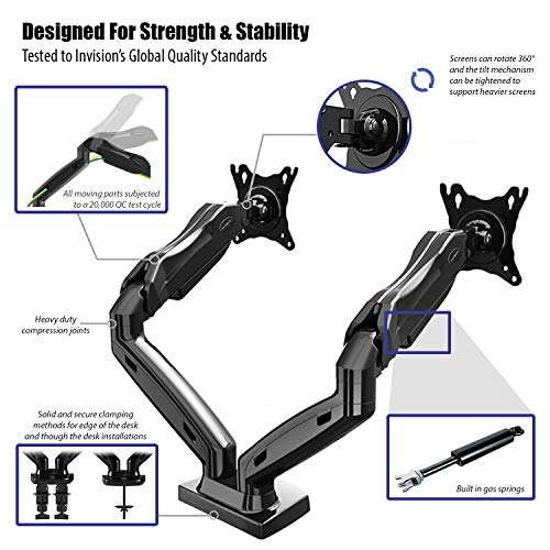 Invision Soporte Monitor Doble PC Brazo - Gas Asistido Soporte para Escritorio Ajustable Ergonómico con Abrazadera para 17–27” - VESA 75x75mm & 100x100mm - Peso 2-6.5kg (MX300)