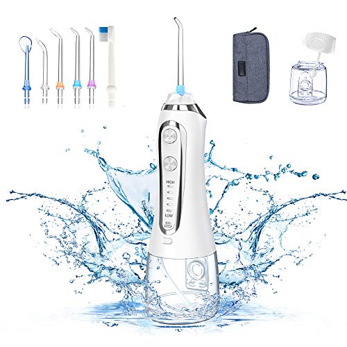 Irrigador Bucal Portátil, Irrigador Dental Viaje con 5 Modos 6 Boquillas, Irrigadores con USB Recargable, IPX7 Impermeable para Higiene Dental Limpieza Dental en Hogar/Viaje/Oficina