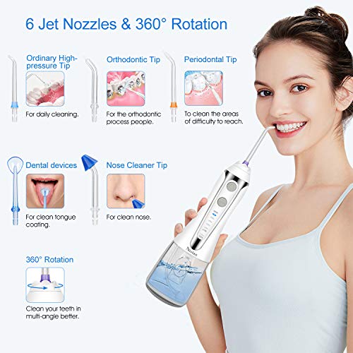 Irrigador Bucal Portatil, Nivlan Profesional Irrigadores Bucales IPX7 Impermeable con 300ML Tanque, 5 Modos y 6 Boquillas, Irrigador Dental Recargable USB para Limpieza Dental y Cuidado Oral Higiene