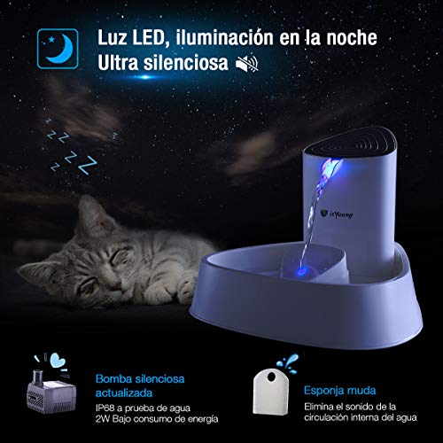 isYoung Fuente para Gatos Fuente Silencioso 1.5 L Bebedero Automático Fuente de Agua para Perros y Gatos Sano e Higiénico con Luz LED y Filtro de Carbón