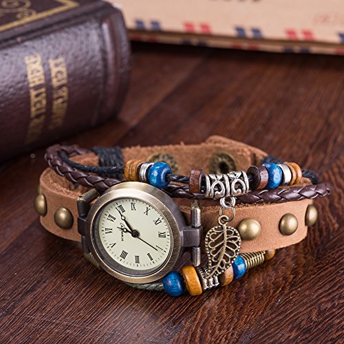 iWatch Hombre Mujer Reloj De Pulsera Retro Bronce Hohle hojas hojas colgante piel genuina brazalete de cuentas de madera reloj analógico de cuarzo color marrón oscuro