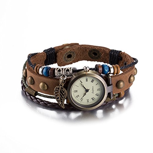 iWatch Hombre Mujer Reloj De Pulsera Retro Bronce Hohle hojas hojas colgante piel genuina brazalete de cuentas de madera reloj analógico de cuarzo color marrón oscuro