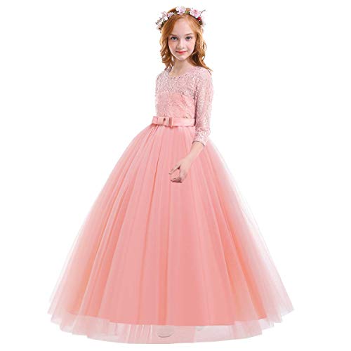 IWEMEK Vestidos de Princesa Fiesta de la Boda de Las Niñas 3/4 Largo Manga Tul Vestidos de Dama De Honor Fiesta Graduación Comunión Cumpleaños Paseo Baile Cóctel Vestido de Novia 3-4 Años