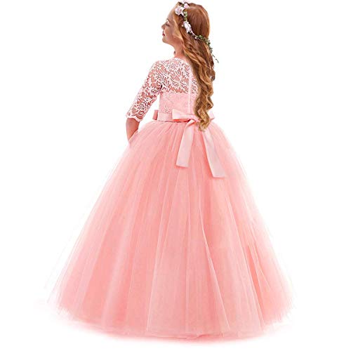 IWEMEK Vestidos de Princesa Fiesta de la Boda de Las Niñas 3/4 Largo Manga Tul Vestidos de Dama De Honor Fiesta Graduación Comunión Cumpleaños Paseo Baile Cóctel Vestido de Novia 3-4 Años