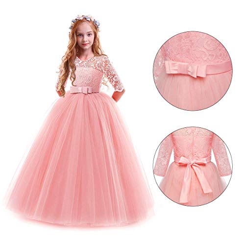 IWEMEK Vestidos de Princesa Fiesta de la Boda de Las Niñas 3/4 Largo Manga Tul Vestidos de Dama De Honor Fiesta Graduación Comunión Cumpleaños Paseo Baile Cóctel Vestido de Novia 3-4 Años