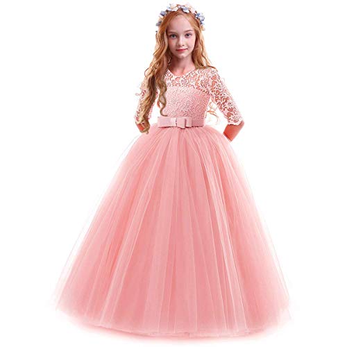 IWEMEK Vestidos de Princesa Fiesta de la Boda de Las Niñas 3/4 Largo Manga Tul Vestidos de Dama De Honor Fiesta Graduación Comunión Cumpleaños Paseo Baile Cóctel Vestido de Novia 3-4 Años