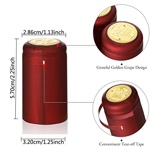 Janolia - Tapones para botellas de vino, termorretráctiles, color dorado, rojo y negro, 100 unidades, Corcho, Rojo