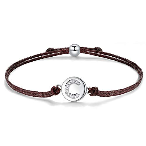 J.Endéar Pulsera Forma de Inicial C, Plata de Ley 925 Circonita Cúbica Pulseras Iniciales, Regalo de Amistad 24cm Trenzado Hecho a Mano Ajustable