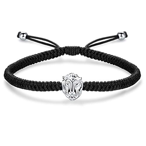 J.Endéar Pulsera Hombre con Encanto de León de Plata 925, Pulsera de Cuerda Trenzada Personalizada a Mano, Regalo para él, Ajustable de 24cm Negro