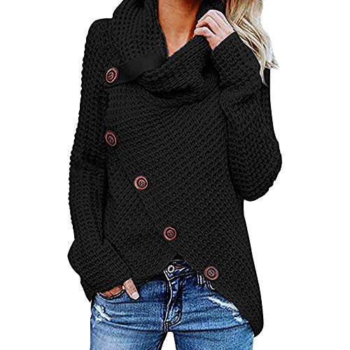 Jerseys De Punto para Mujer Cuello de Tortuga Manga Larga Suelto Prendas de Punto Suéter Irregular Jerséis Collar de la Pila Tops Cálido Otoño Invierno riou (z-Black, M)