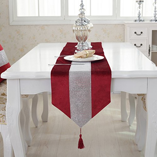 Jian Ya Na Camino de Mesa Hecha a Mano Elegante Estilo Natural Mantel con Tira de Diamantes y Flecos para Bodas y Fiestas, Rojo, 32 * 210 cm