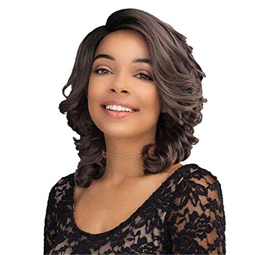 JIER Pelucas de Cabello sintético con Reflejos Marrones de 12"con Flequillo para el Cabello Pelucas rizadas onduladas Cortas de Cabello sintético Premium Ligeras y realistas (Negro)