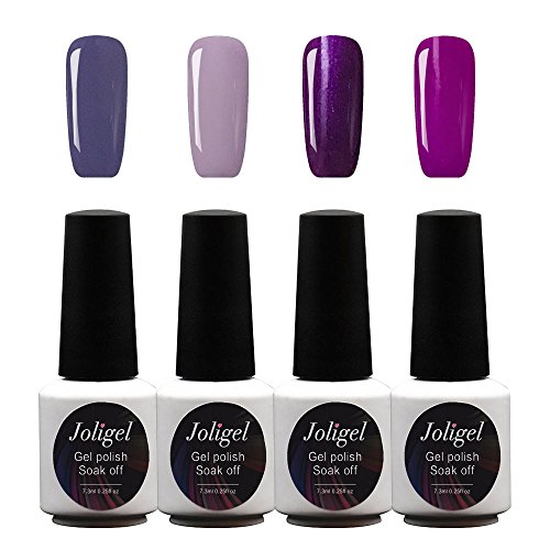 Joligel Kit 4x Esmaltes Semipermanentes Shellac para Uñas de Gel Set Pintauñas Permanentes Manicura Pedicura UV LED Nail Art Multicolor (7,3ml), Azul-violeta/Morado de uva/Rosa purpurina/Lavanda