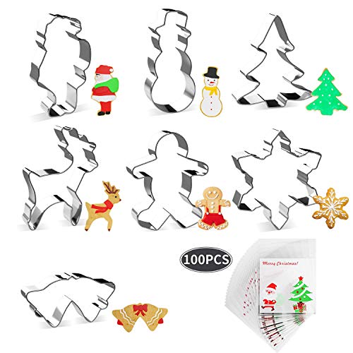 joyoldelf Moldes de Galletas, 7PCS Cortadores de Galletas Pan de Jengibre, Árbol de Navidad, Copo de Nieve, Reno, Muñeco de Nieve, Papá Noel, Campana para Niños, 100pcs Bolsa de Dulces