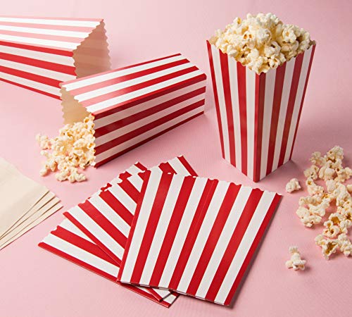 Juego de 100 cajas de regalo de palomitas de maíz, ideales para noches de cine, fiestas temáticas de películas, fiestas de carnaval, fiesta pirata, 9,4 x 19,8 x 9,4 cm, color rojo y blanco