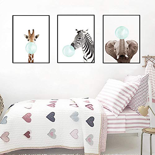 Juego de 3 Cuadros Animales Jirafa Cebra Elefante Pósteres Impresion en Lienzo Láminas Decorativas Pared Infantil Imagen de Niños Decorar Habitaciones de Bebe Regalo Impresiones de Lienzo PTANB004-M