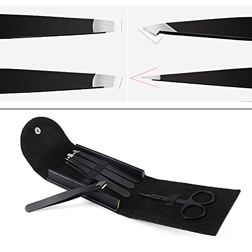 Juego de 5 pinzas para cejas, juego de pinzas de acero inoxidable, planas, ganchos, biseladas, clip para cejas, tijeras y funda de piel, unisex, para depiladora facial, cejas y pelo (negro)