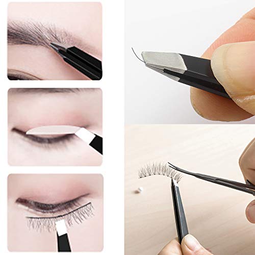 Juego de 5 pinzas para cejas, juego de pinzas de acero inoxidable, planas, ganchos, biseladas, clip para cejas, tijeras y funda de piel, unisex, para depiladora facial, cejas y pelo (negro)