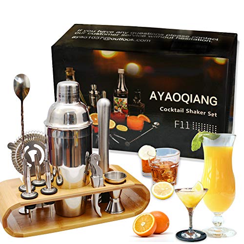 Juego de coctelera Coctelera de 750 ml Juego de herramientas de barra de acero inoxidable Juego de Bartender con soporte de exhibición de madera por AYAOQIANG