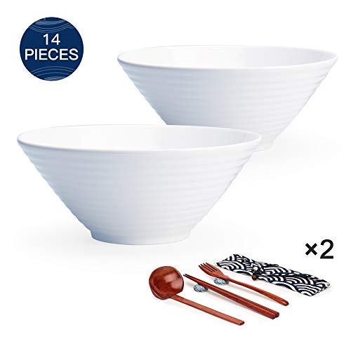 Juego de cuencos para sopa de fideos de porcelana, 2 cuencos grandes de 900 ml, estilo japonés con cucharas y palillos, para Udon, Pho, pasta y cereales y ensalada, platos hechos a mano (900 ml)